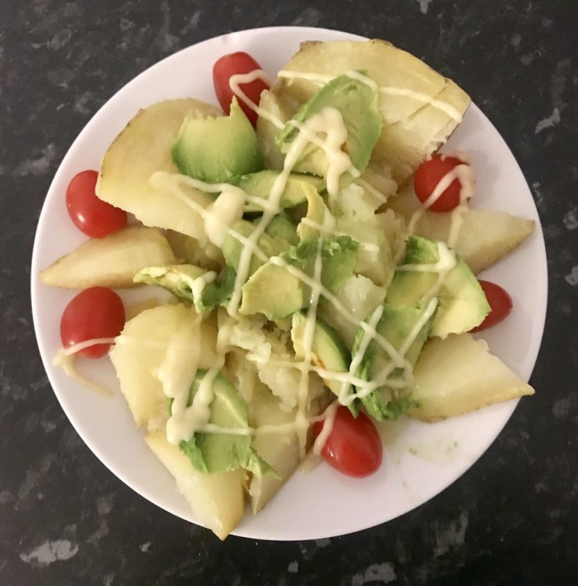 Recipe: Jacket Potato with Butter, Avocado & Plum Tomatoes with Salad Cream (£1.74 per serving) Image 05-02-2025 at 12.49